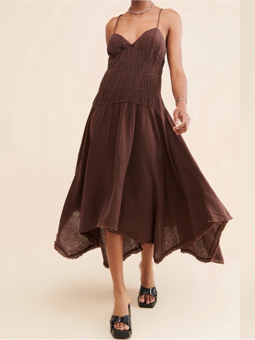 Free People Mauve Brown Smocked Spaghetti Strap Dress 100% cotton